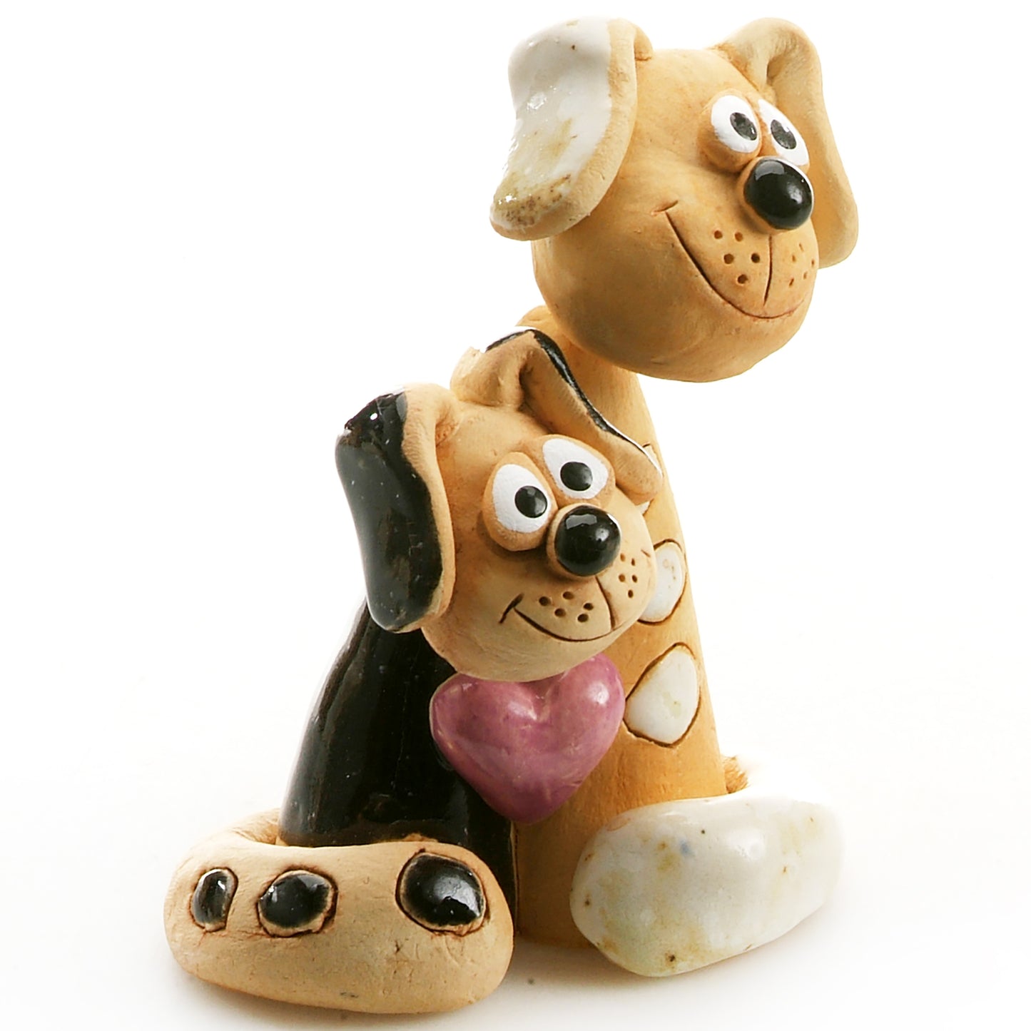 Handmade Ceramic Black & White Patchy Dog Couple with Pink Heart