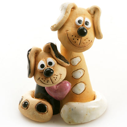 Handmade Ceramic Black & White Patchy Dog Couple with Pink Heart