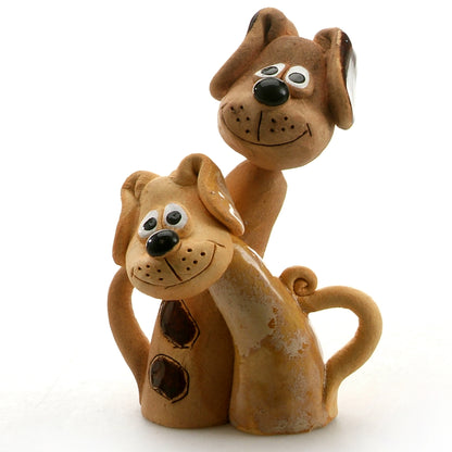 Handmade Ceramic Patchy Brown & Beige Dog Pair