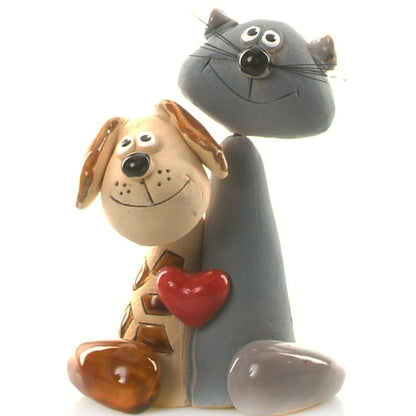 Handmade Ceramic Brown Spotty Dog &  Grey Cat Couple with Red Heart