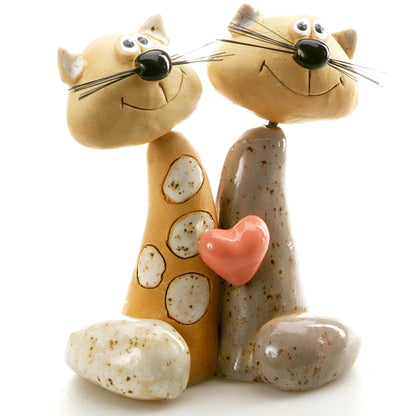 Handmade Ceramic Tall Cat Couple with White Spots, Solid Grey, Pink Heart