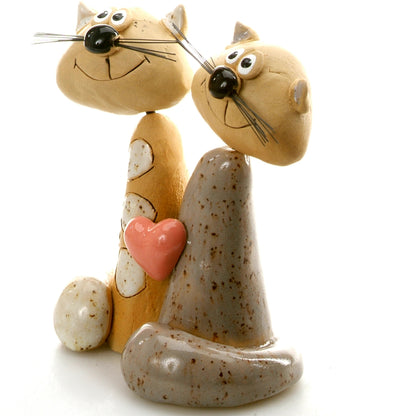 Handmade Ceramic Tall Cat Couple with White Spots, Solid Grey, Pink Heart