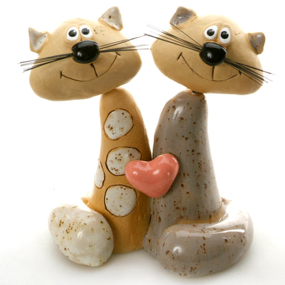 Handmade Ceramic Tall Cat Couple with White Spots, Solid Grey, Pink Heart