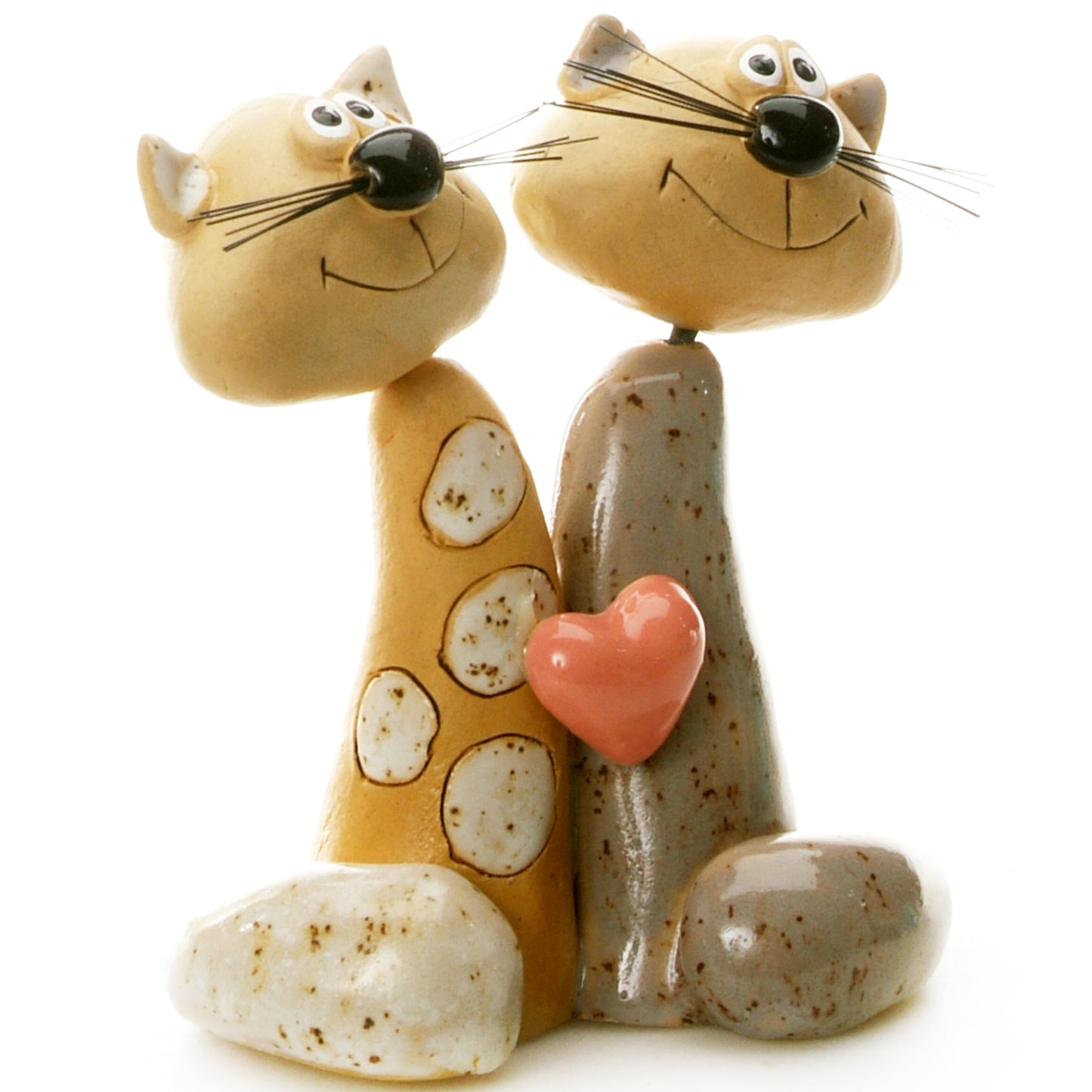 Handmade Ceramic Tall Cat Couple with White Spots, Solid Grey, Pink Heart