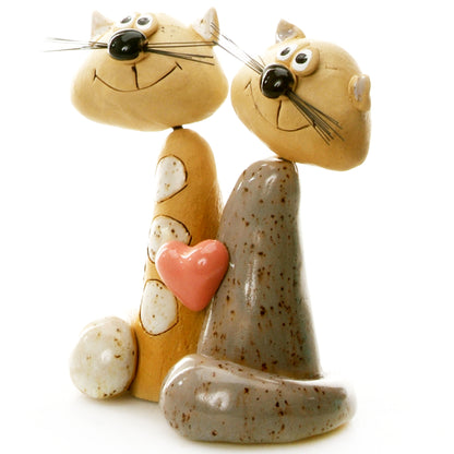 Handmade Ceramic Tall Cat Couple with White Spots, Solid Grey, Pink Heart