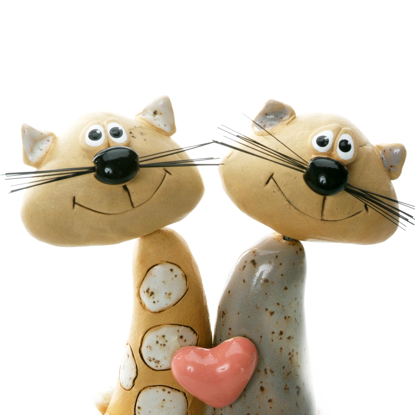 Handmade Ceramic Tall Cat Couple with White Spots, Solid Grey, Pink Heart