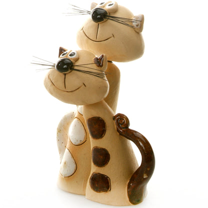 Handmade Ceramic White & Brown Patchy Cat Pair