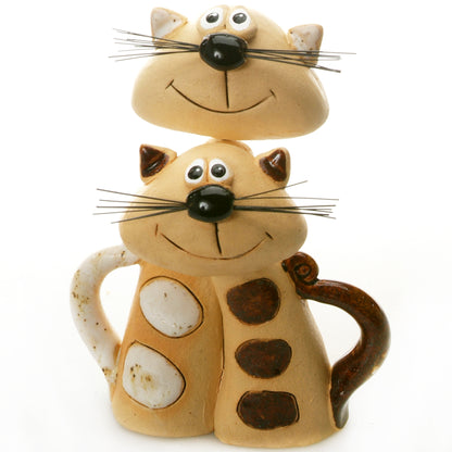 Handmade Ceramic White & Brown Patchy Cat Pair