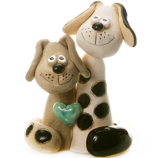 Handmade Ceramic White & Black Patchy Dog Pair with Turquoise Heart