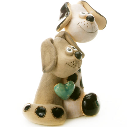 Handmade Ceramic White & Black Patchy Dog Pair with Turquoise Heart