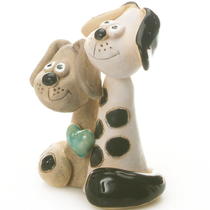 Handmade Ceramic White & Black Patchy Dog Pair with Turquoise Heart