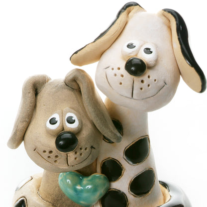 Handmade Ceramic White & Black Patchy Dog Pair with Turquoise Heart