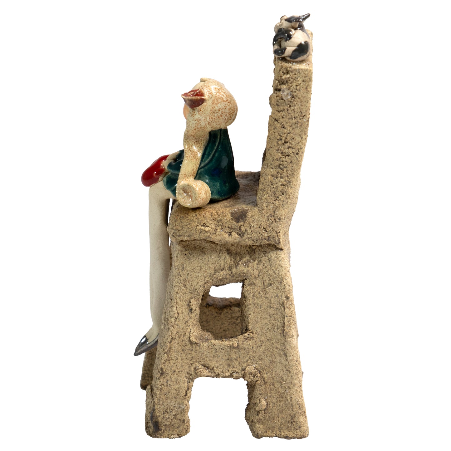 Handmade Ceramic Girl on Chair with Cat in Red, Teal, or White