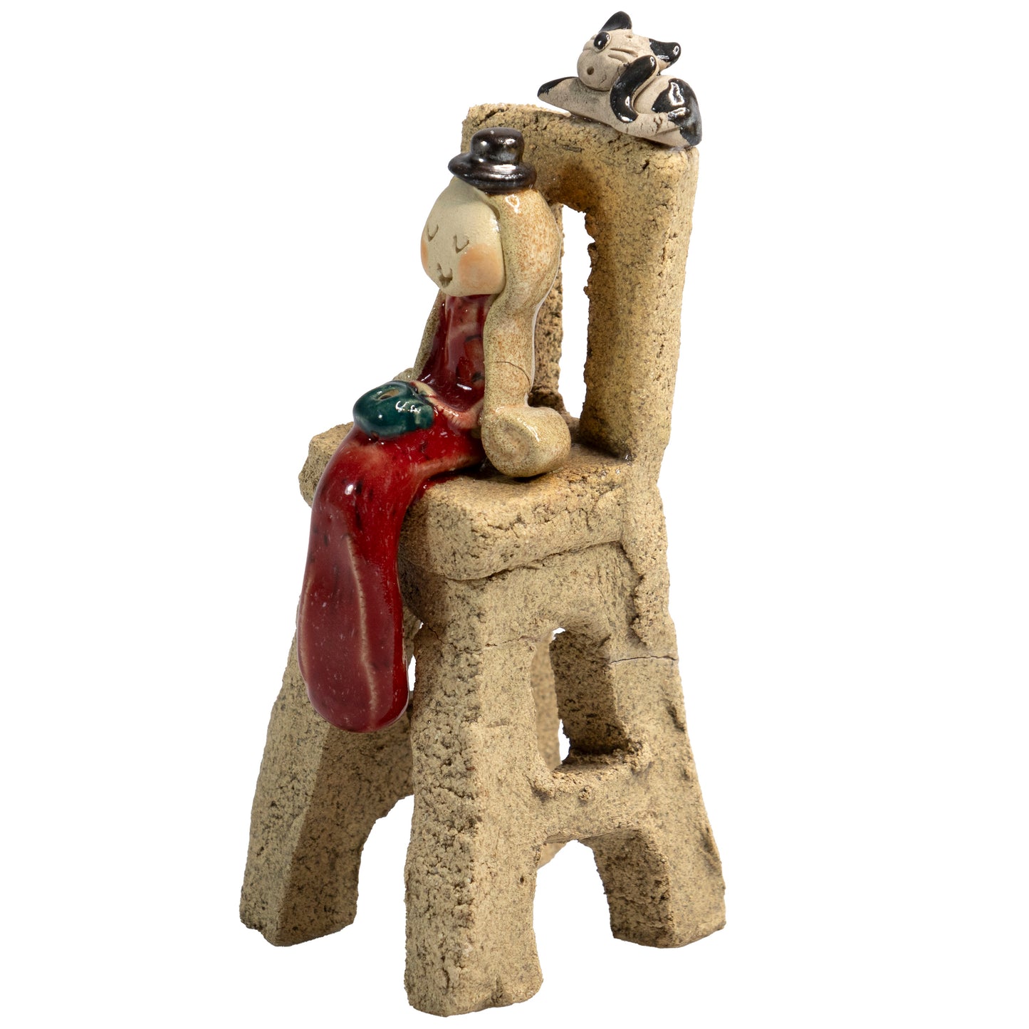 Handmade Ceramic Girl on Chair with Cat in Red, Teal, or White