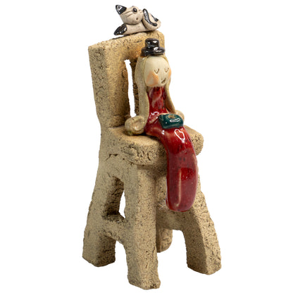 Handmade Ceramic Girl on Chair with Cat in Red, Teal, or White