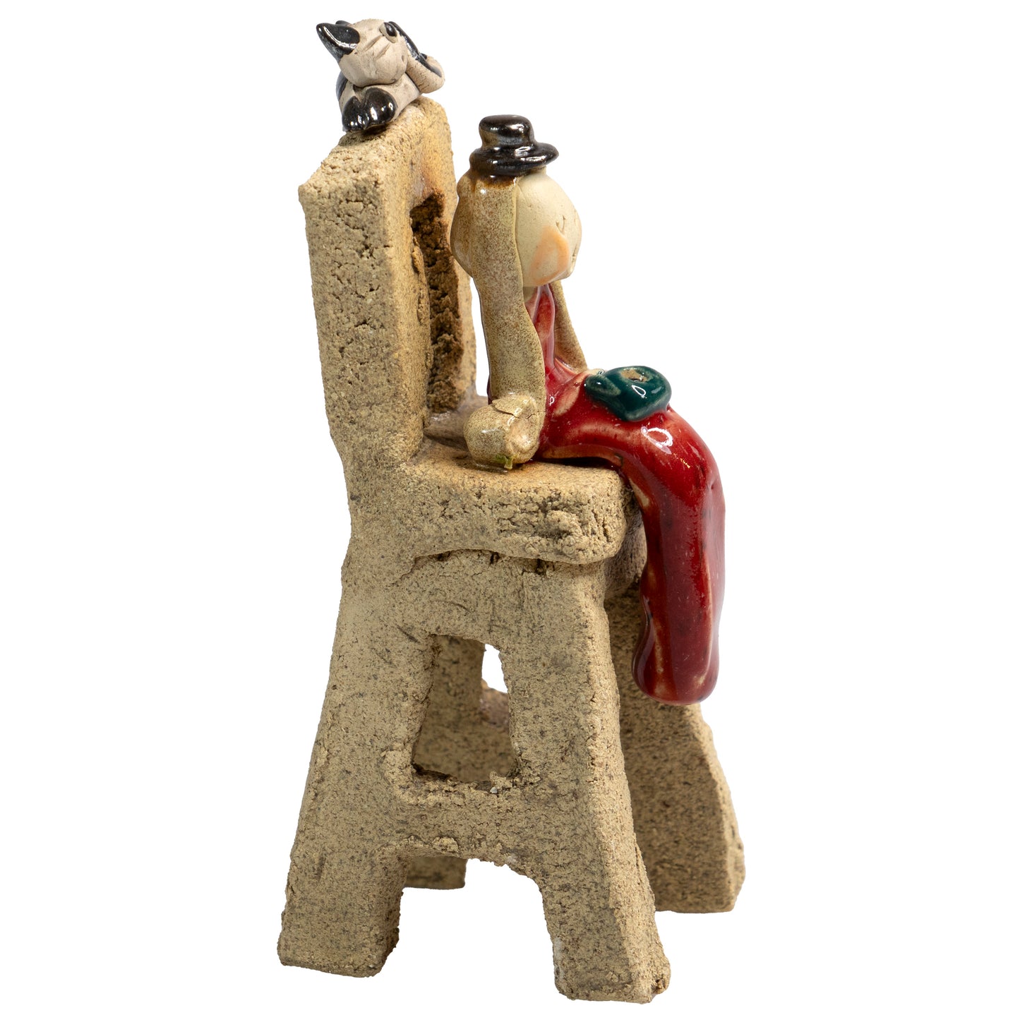 Handmade Ceramic Girl on Chair with Cat in Red, Teal, or White