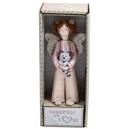 Handmade Rustic Natural Beige Ceramic Child Angel Holding Cat