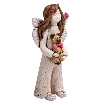 Handmade Rustic Natural Beige Ceramic Child Angel Holding Teddy Bear