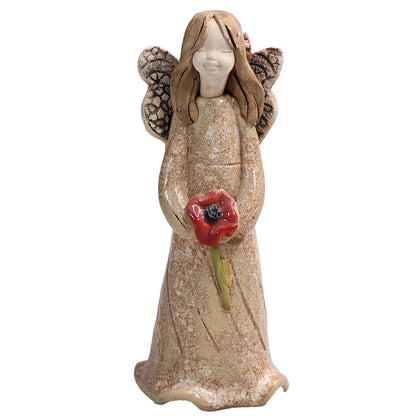 Handmade Ceramic Angel Holding Red Poppy