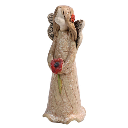 Handmade Ceramic Angel Holding Red Poppy