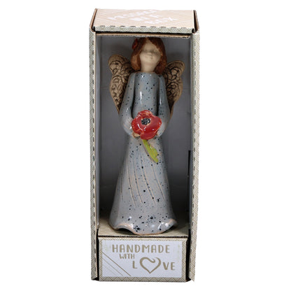 Handmade Ceramic Angel Holding Red Poppy