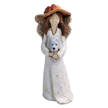 Handmade Ceramic Angel in Hat Holding Dog