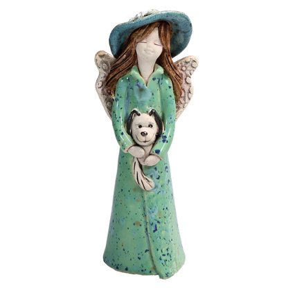 Handmade Ceramic Angel in Hat Holding Dog