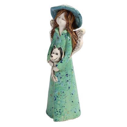 Handmade Ceramic Angel in Hat Holding Dog