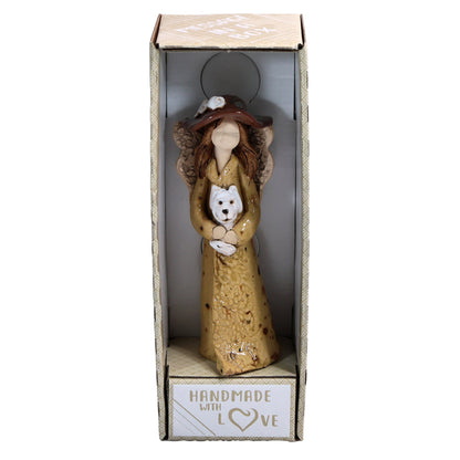 Handmade Ceramic Angel in Hat Holding Dog