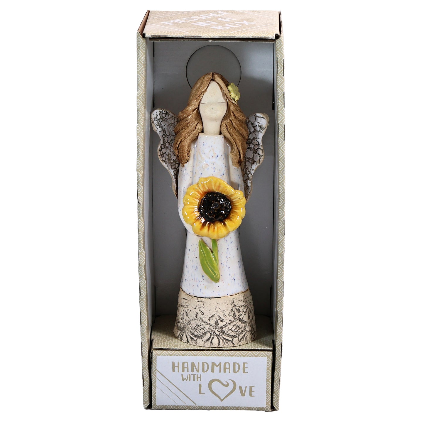 Handmade White Ceramic Angel Holding Sunflower