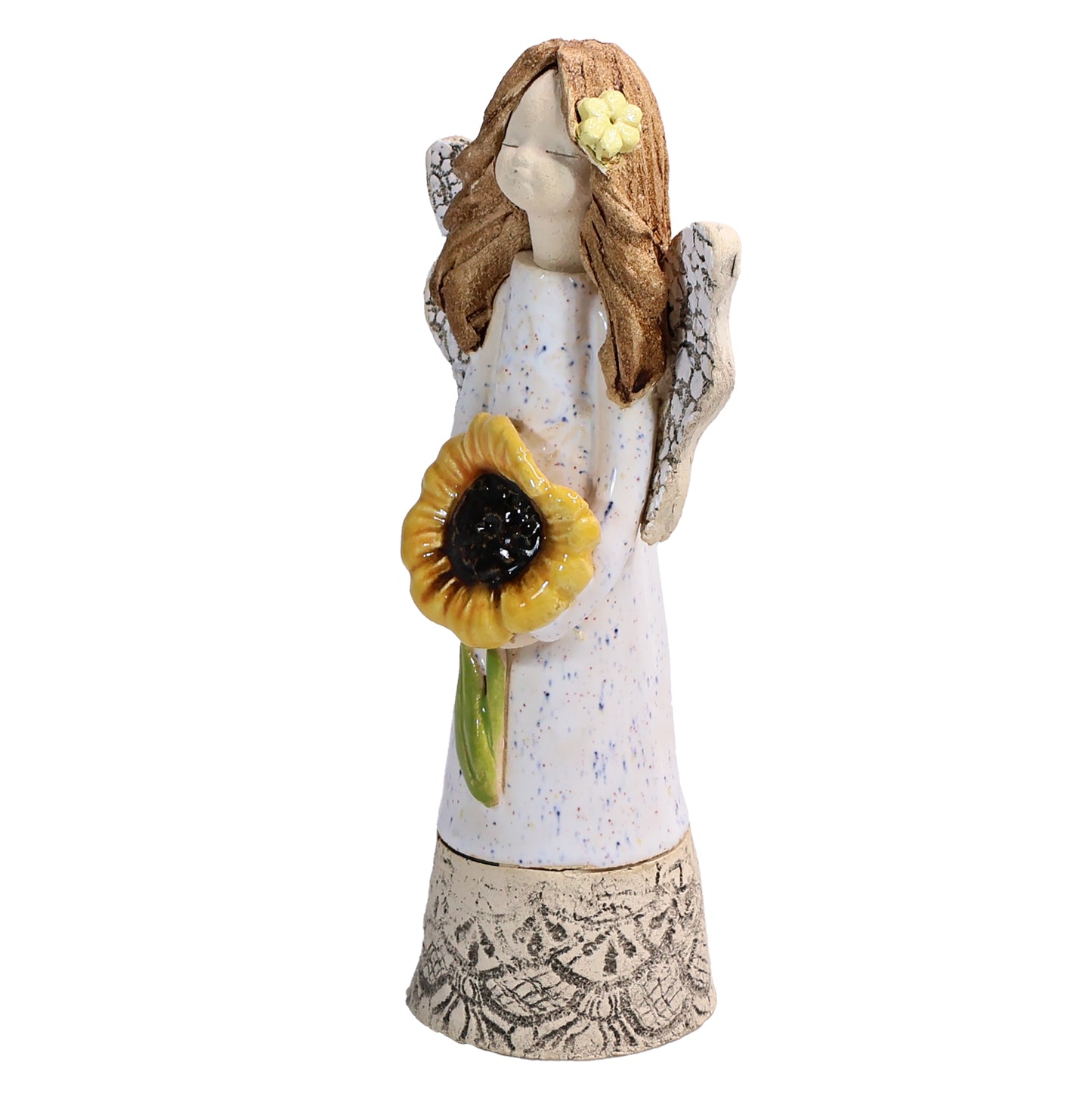 Handmade White Ceramic Angel Holding Sunflower