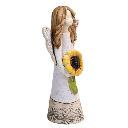Handmade White Ceramic Angel Holding Sunflower