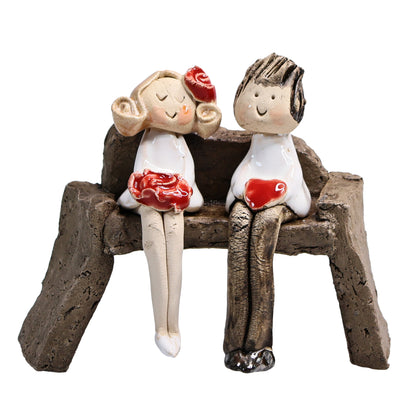 Romantic Couple on Bench Lady with Rose & Man with Heart in White