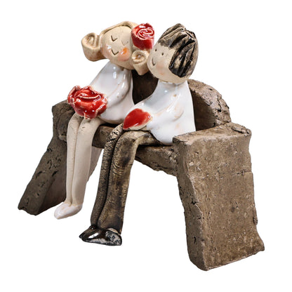 Romantic Couple on Bench Lady with Rose & Man with Heart in White