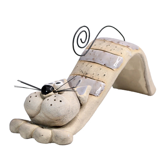 Handmade Ceramic Figurine of Playful Bendy Cat with Wire Tail