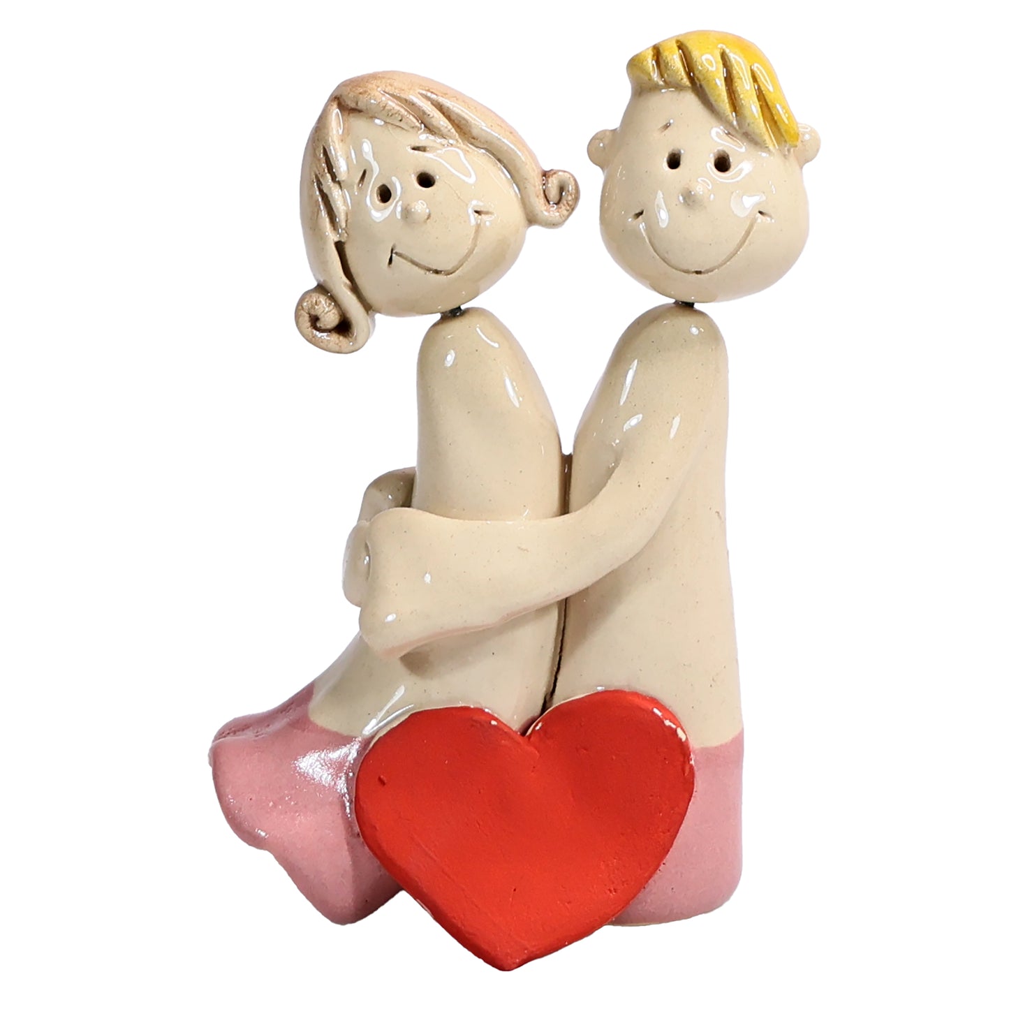 Handmade Embracing Ceramic Couple with Red Heart