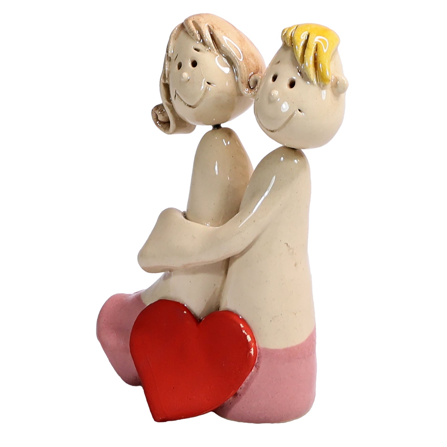 Handmade Embracing Ceramic Couple with Red Heart