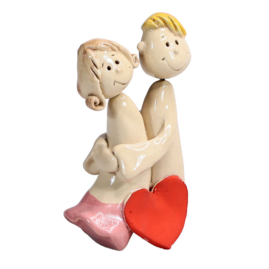 Handmade Embracing Ceramic Couple with Red Heart