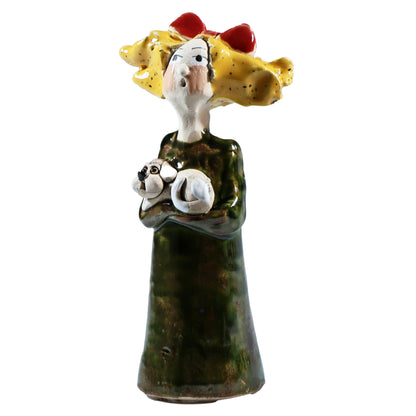 Handmade Ceramic Figurine of Quirky Lady in Green Dress with Dog