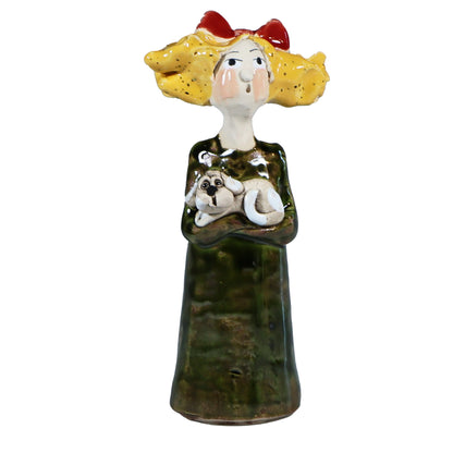 Handmade Ceramic Figurine of Quirky Lady in Green Dress with Dog