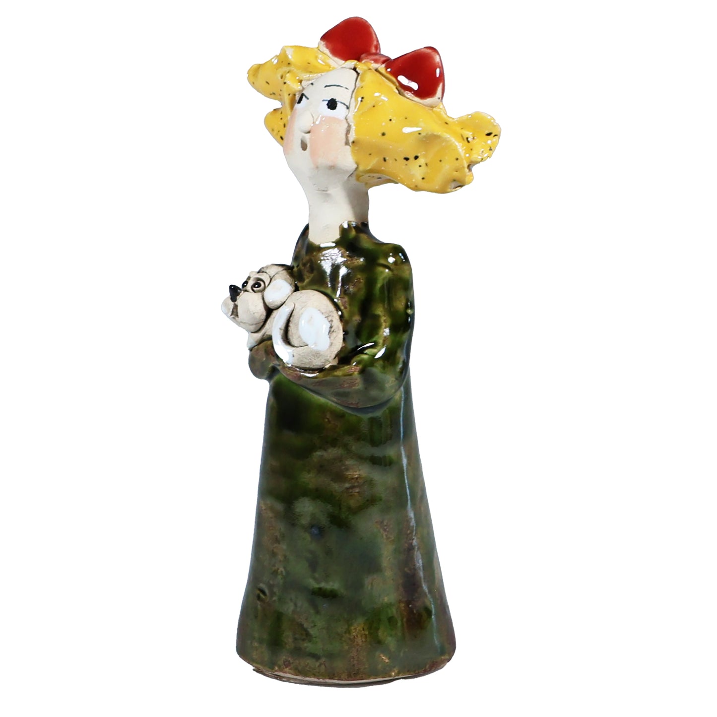 Handmade Ceramic Figurine of Quirky Lady in Green Dress with Dog