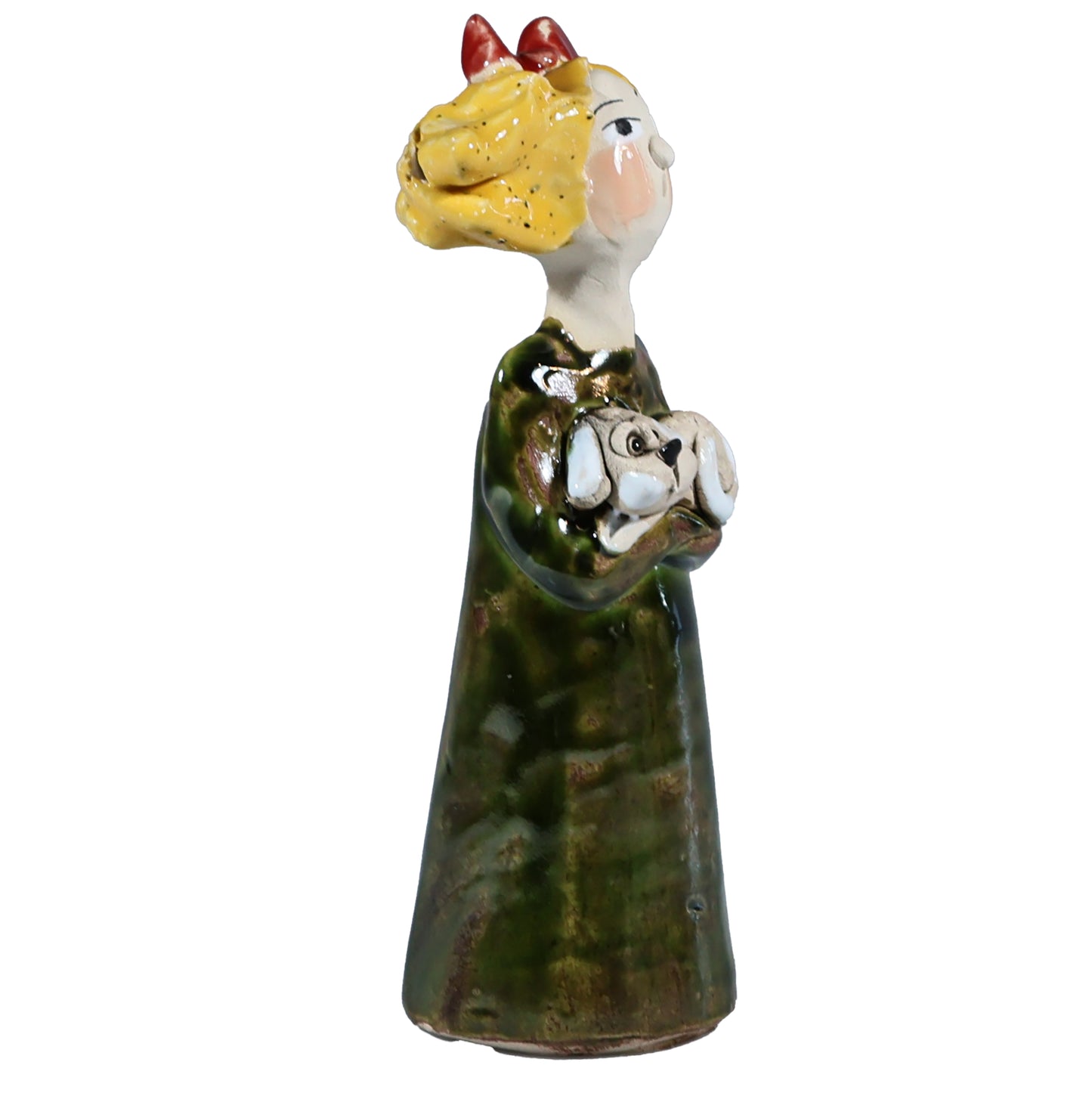 Handmade Ceramic Figurine of Quirky Lady in Green Dress with Dog