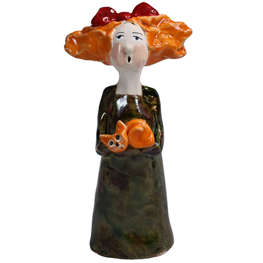 Ceramic Figurine of Quirky Lady in Green Dress with Orange Cat