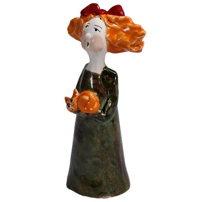 Ceramic Figurine of Quirky Lady in Green Dress with Orange Cat