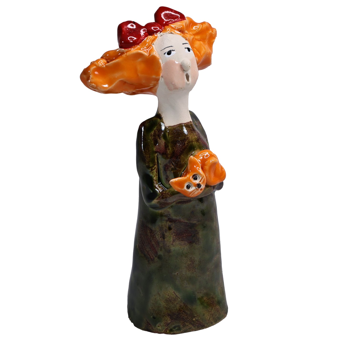 Ceramic Figurine of Quirky Lady in Green Dress with Orange Cat