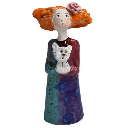 Handmade figurine of Quirky Lady in Multicolour Dress with White Scottie Dog