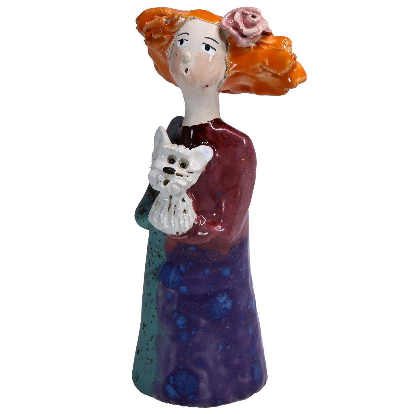 Handmade figurine of Quirky Lady in Multicolour Dress with White Scottie Dog