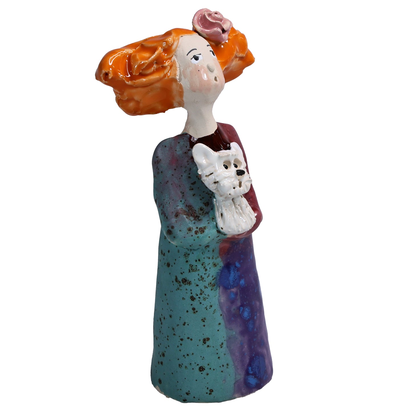 Handmade figurine of Quirky Lady in Multicolour Dress with White Scottie Dog