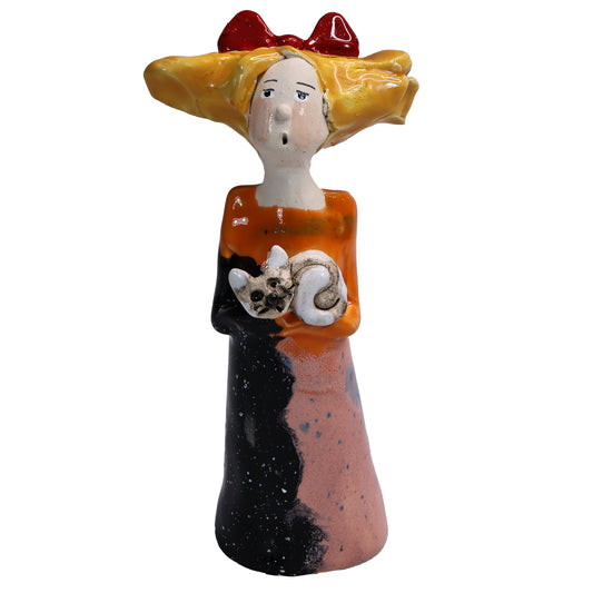 Handmade Ceramic Figurine of Quirky Lady in Multicolour Dress with Her Cat