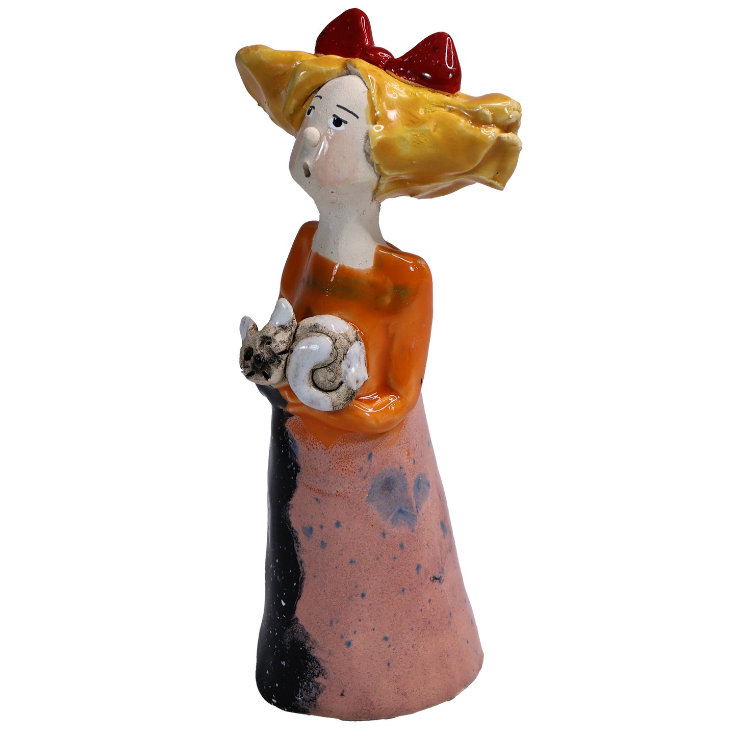 Handmade Ceramic Figurine of Quirky Lady in Multicolour Dress with Her Cat